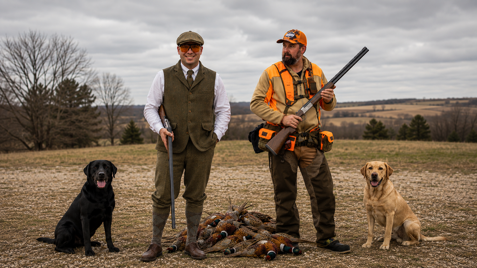 Michael and Austin, founders of Back40 Sporting Company, with their gun dogs and a day's pheasants